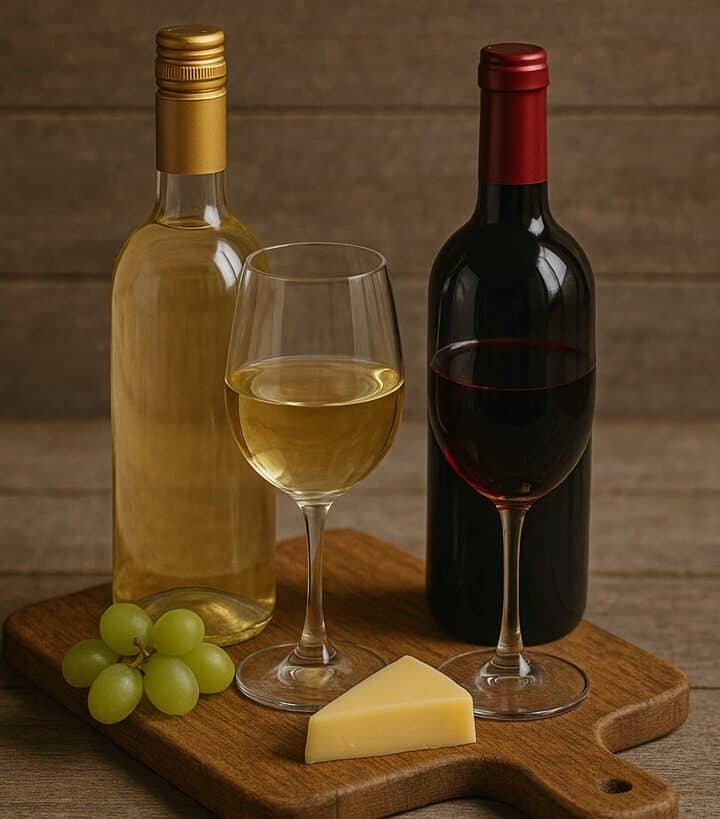 Bottiglie e calici di vino rosso e bianco con formaggio e uva su tagliere in legno rustico