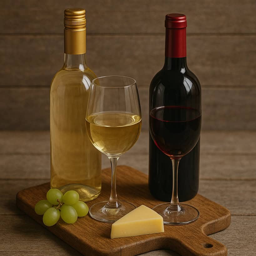 Bottiglie e calici di vino rosso e bianco con formaggio e uva su tagliere in legno rustico