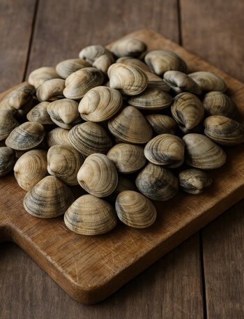 Vongole fresche su un tagliere di legno rustico