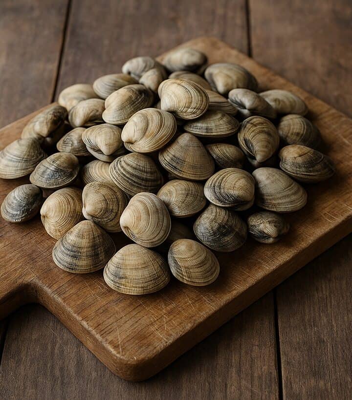 Vongole fresche su un tagliere di legno rustico