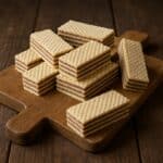 Wafer rettangolari con strati al cioccolato disposti su un tagliere in legno