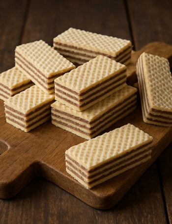 Wafer rettangolari con strati al cioccolato disposti su un tagliere in legno