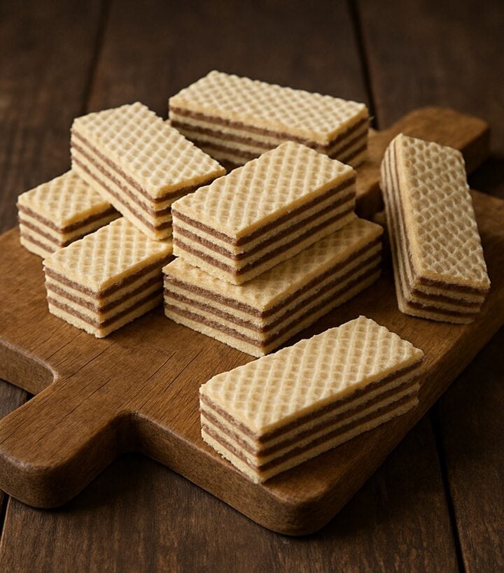 Wafer rettangolari con strati al cioccolato disposti su un tagliere in legno