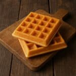 Due waffle caldi e dorati posati su tagliere in legno rustico