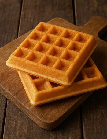 Due waffle caldi e dorati posati su tagliere in legno rustico