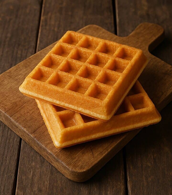 Due waffle caldi e dorati posati su tagliere in legno rustico
