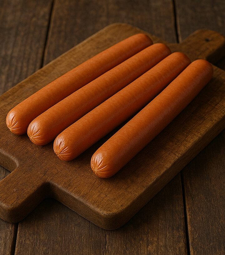 Cinque wurstel cotti disposti ordinatamente su un tagliere in legno rustico