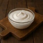 Ciotola trasparente di yogurt greco denso su tagliere in legno rustico