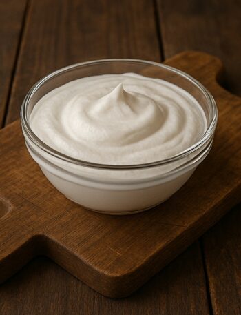 Ciotola trasparente di yogurt greco denso su tagliere in legno rustico