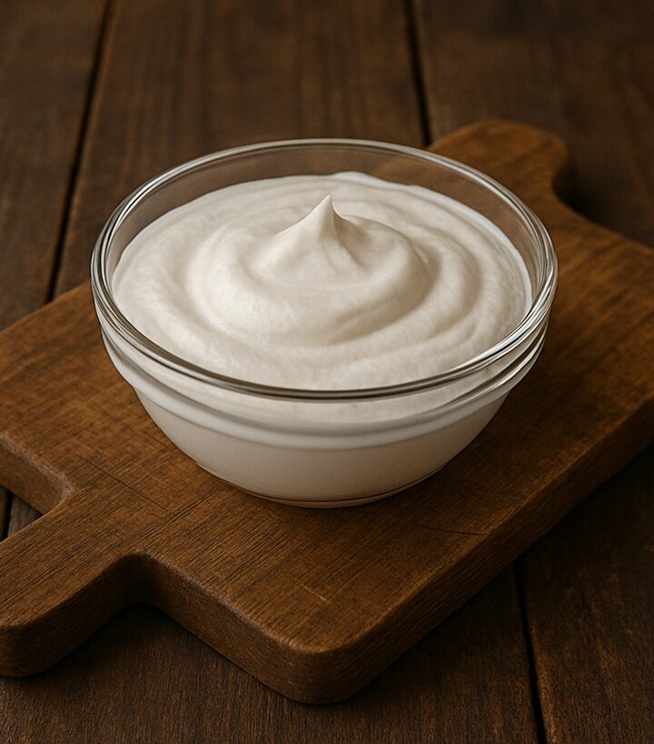 Ciotola trasparente di yogurt greco denso su tagliere in legno rustico