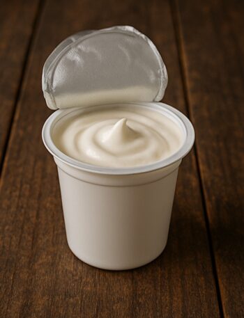 Vasetto bianco di yogurt con pellicola aperta su tavolo in legno