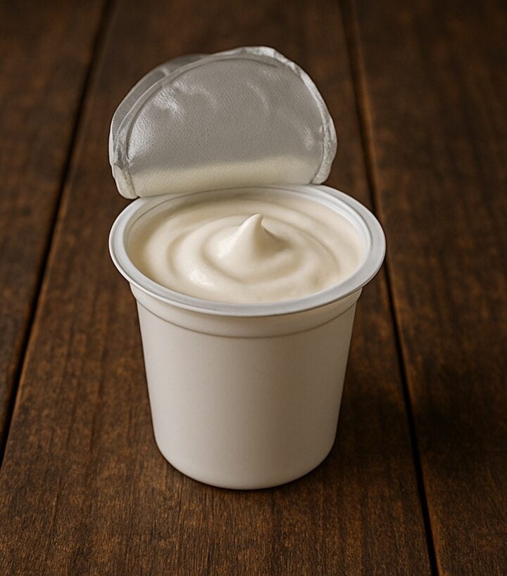 Vasetto bianco di yogurt con pellicola aperta su tavolo in legno