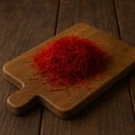 Mucchietto di zafferano in fili su un tagliere rustico in legno