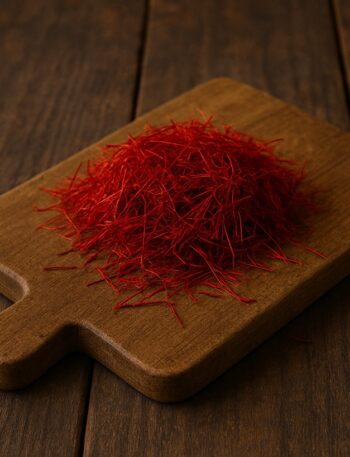 Mucchietto di zafferano in fili su un tagliere rustico in legno