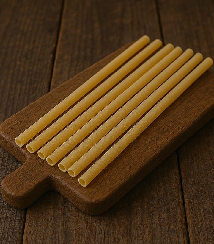 ziti crudi ordinatamente disposti su un tagliere in legno scuro