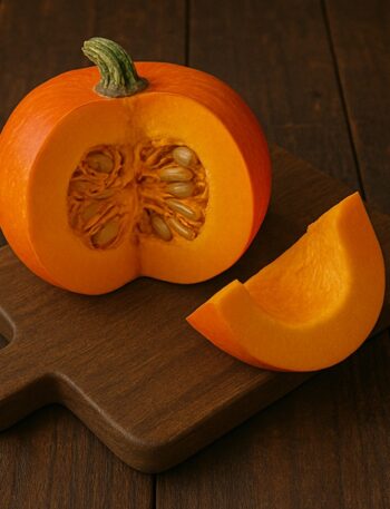 Zucca arancione tagliata a metà con fetta su tagliere di legno