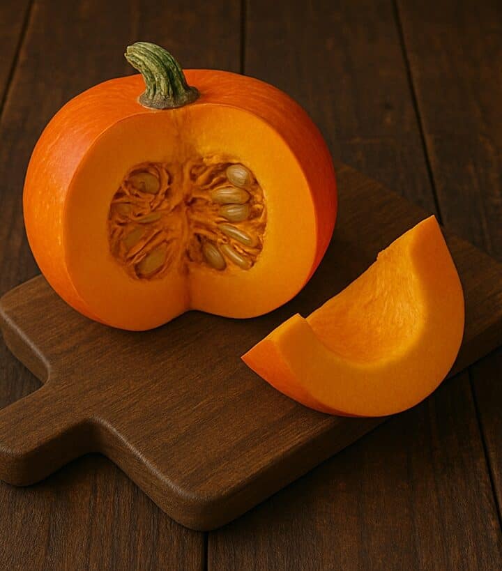 Zucca arancione tagliata a metà con fetta su tagliere di legno