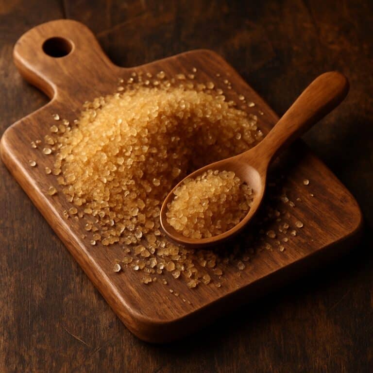 Mucchio di zucchero di canna e cucchiaio in legno su tagliere rustico
