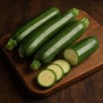 Quattro zucchine fresche, una affettata, su tagliere rustico in legno
