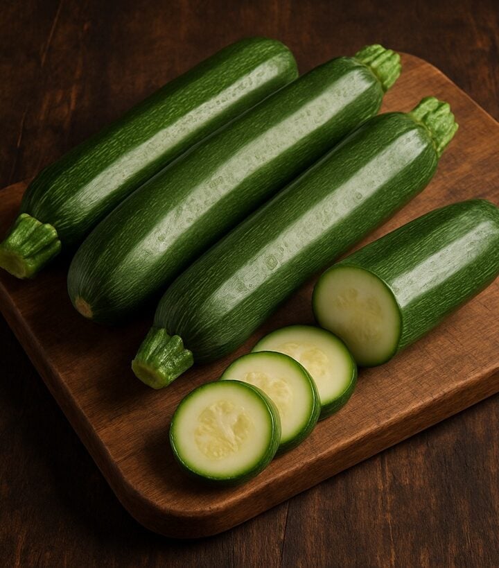Quattro zucchine fresche, una affettata, su tagliere rustico in legno