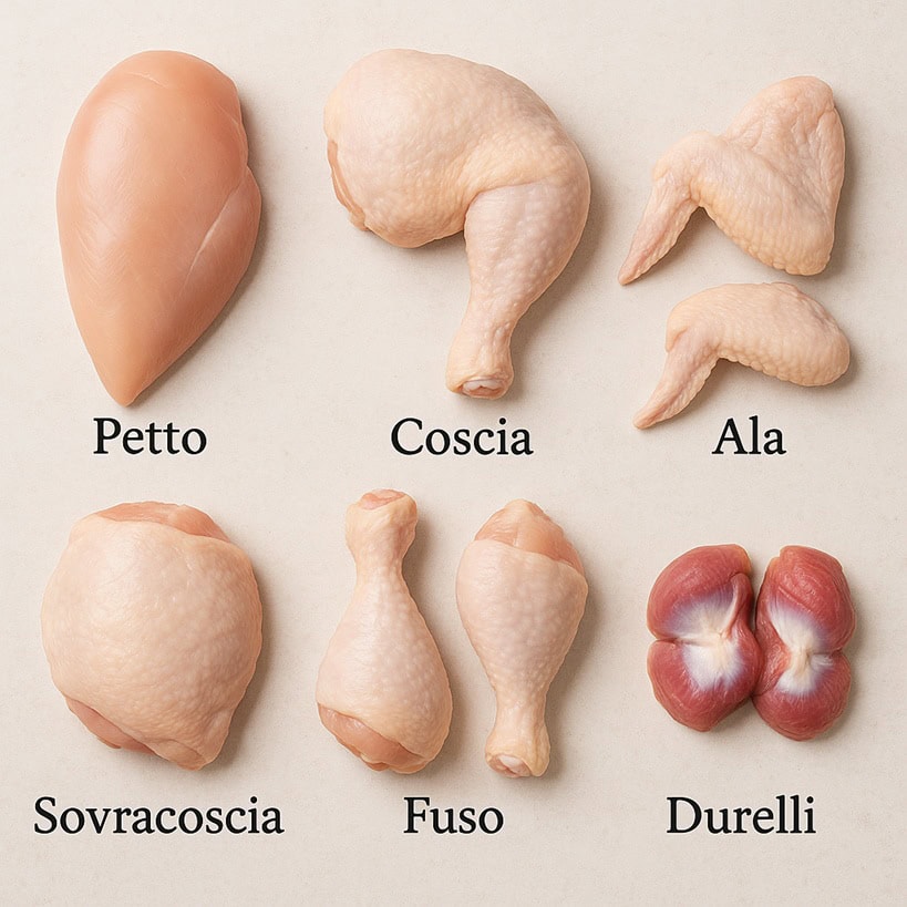 Petto, coscia, ala, sovracoscia, fuso e durelli di pollo crudo,