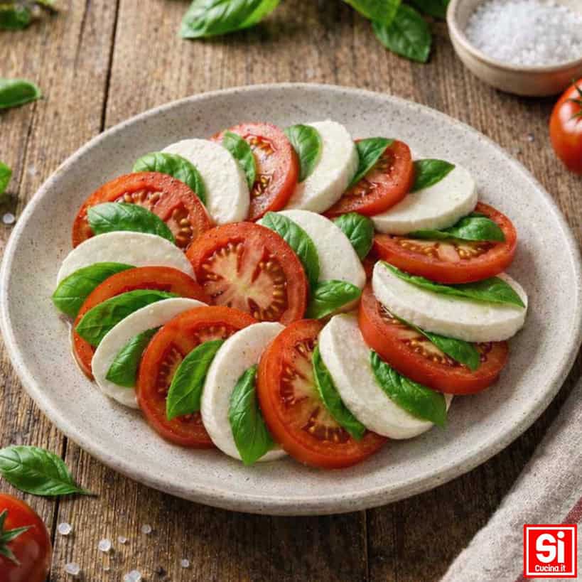 Fette di pomodoro, mozzarella e basilico alternate per comporre l'insalata Caprese prima del condimento