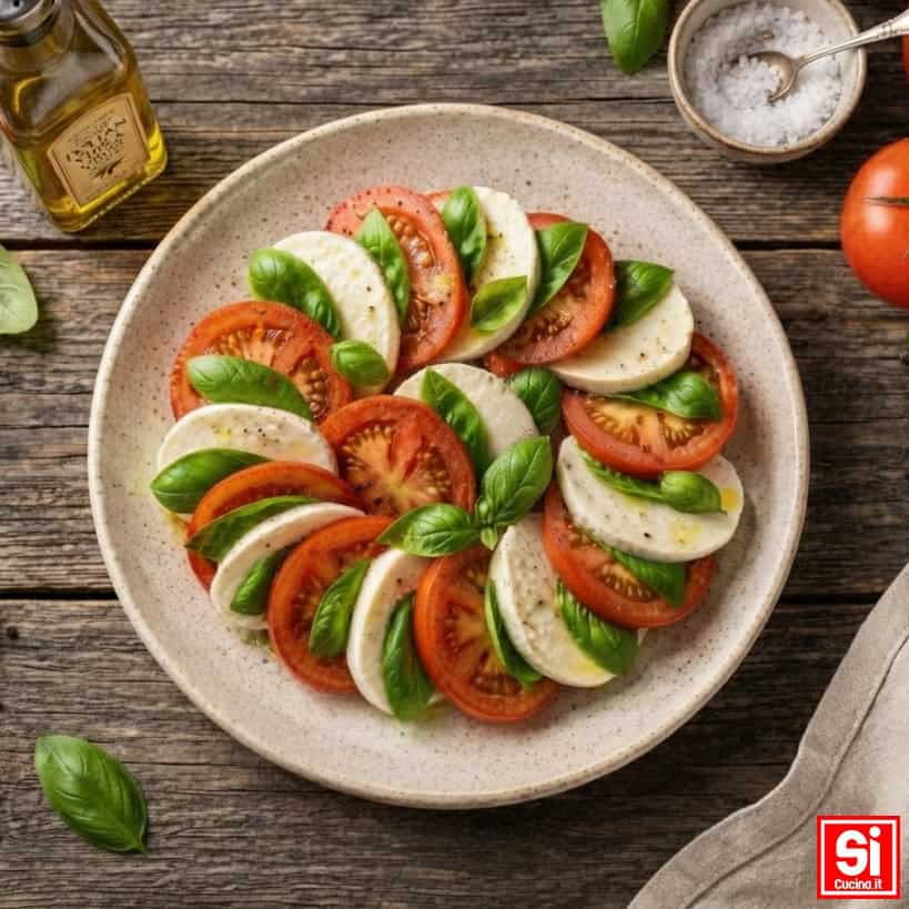 Insalata Caprese disposta a cerchio con pomodoro, mozzarella, basilico e olio extravergine