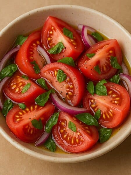 Insalata di pomodori con cipolla rossa, basilico spezzettato, olio e pepe in ciotola rustica