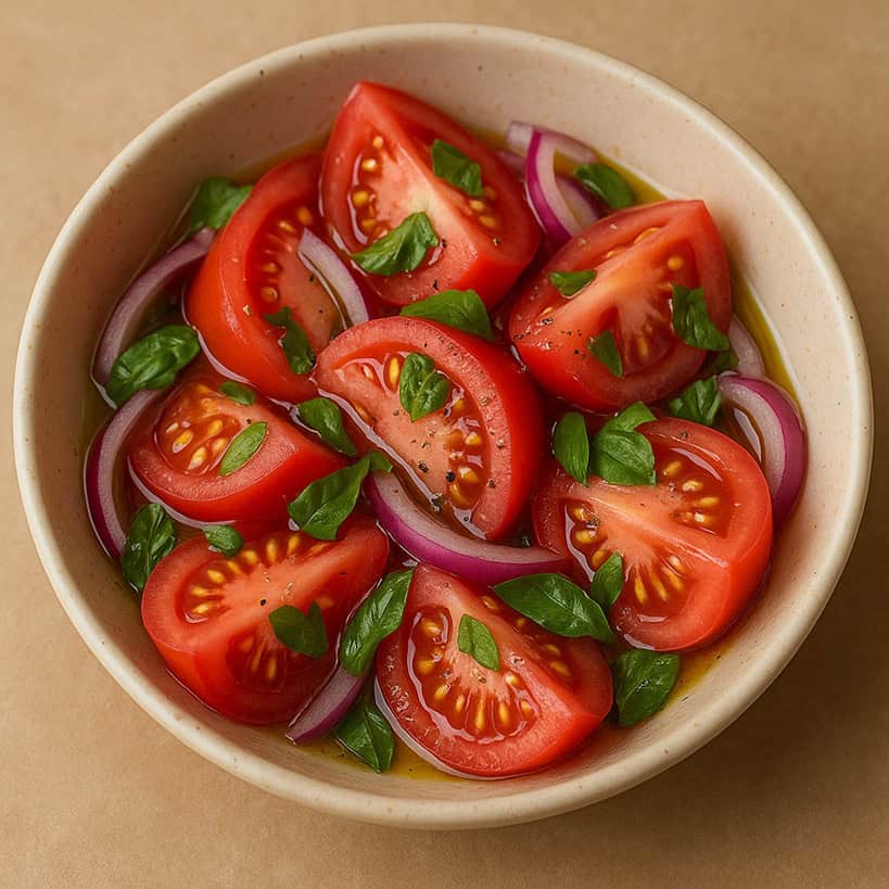 Insalata di pomodori con cipolla rossa, basilico spezzettato, olio e pepe in ciotola rustica