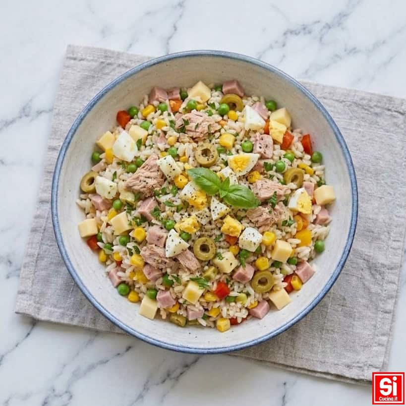 Insalata di riso classica servita in ciotola con tonno, uova, formaggio e verdure