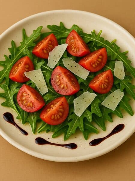 insalata di rucola e grana con pomodorini in piatto da portata