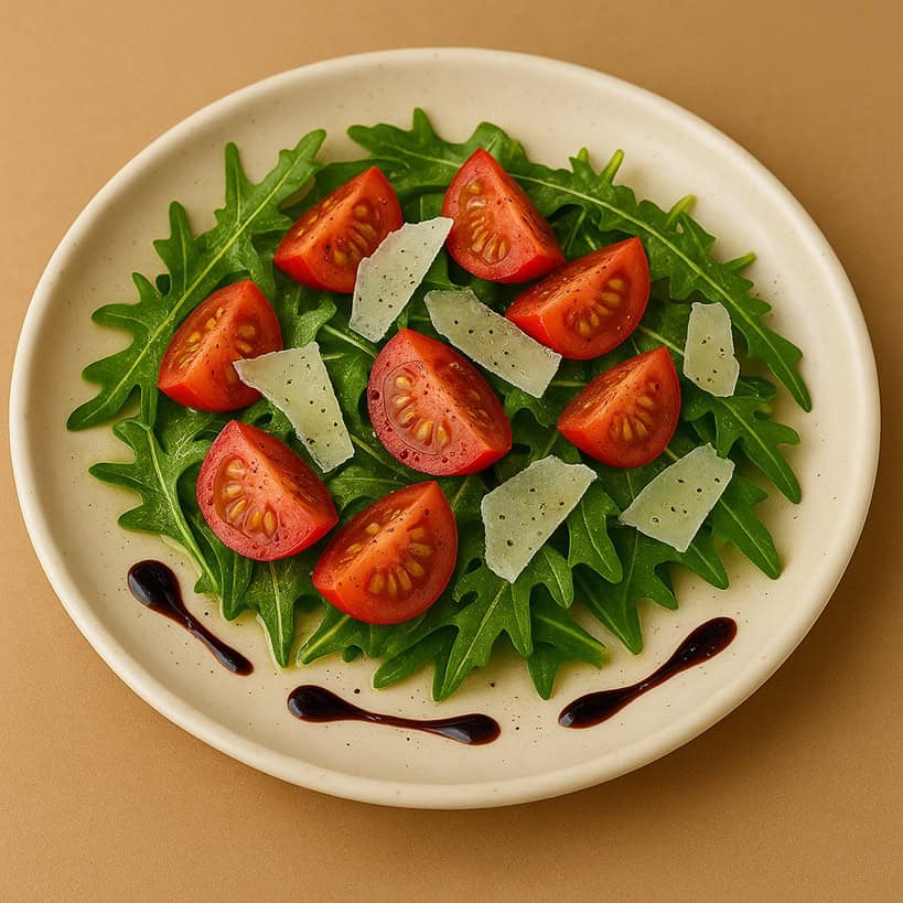 insalata di rucola e grana con pomodorini in piatto da portata