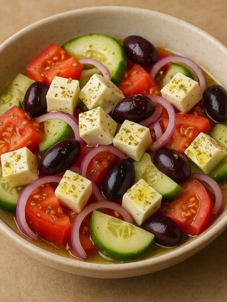 Insalata greca servita in ciotola beige con cetrioli sbucciati, pomodori, olive Kalamata, feta e cipolla rossa, condita con olio e origano