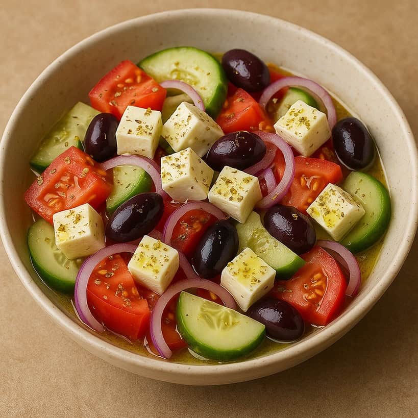 Insalata greca servita in ciotola beige con cetrioli sbucciati, pomodori, olive Kalamata, feta e cipolla rossa, condita con olio e origano