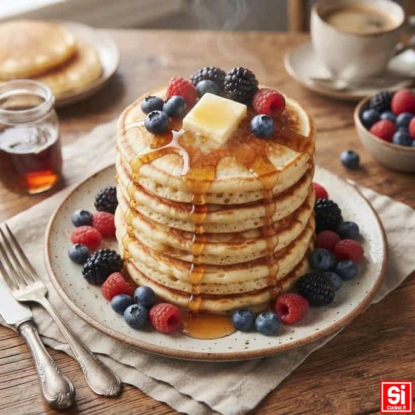 Pila di pancake americani alti e soffici preparati con la ricetta originale, serviti con burro, sciroppo d’acero e frutti di bosco.