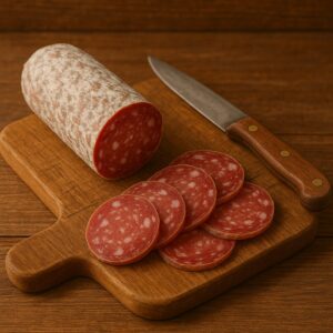 Salame affettato con trancio intero e coltello su tagliere rustico
