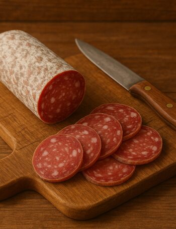 Salame affettato con trancio intero e coltello su tagliere rustico