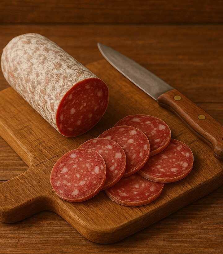 Salame affettato con trancio intero e coltello su tagliere rustico