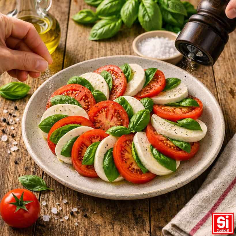 Sale e pepe aggiunti solo sui pomodori dell’Insalata Caprese
