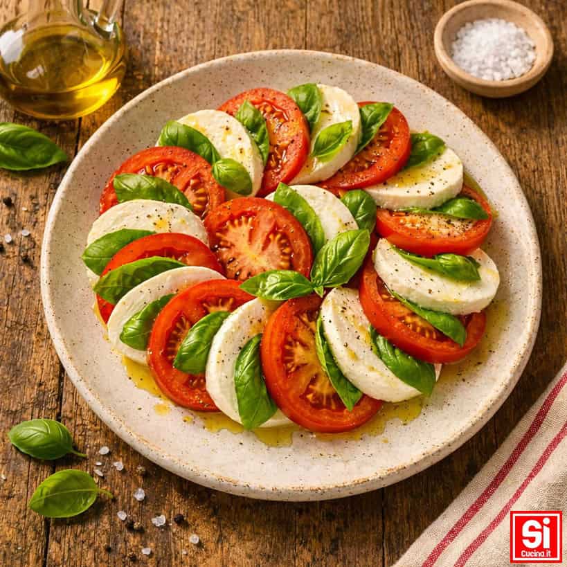 Insalata Caprese completata con olio extravergine e basilico fresco, pronta per essere servita