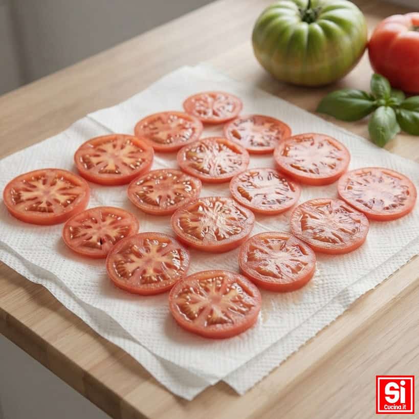 Fette di pomodoro tamponate con carta assorbente per eliminare l’umidità