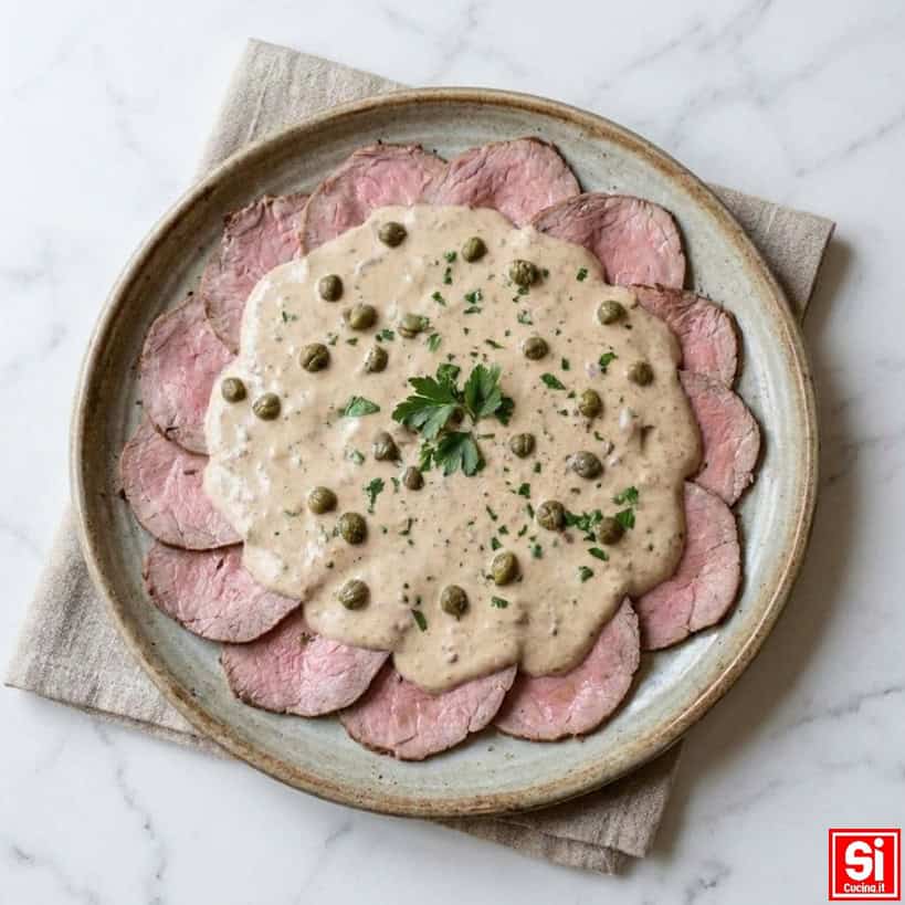 Piatto di vitello tonnato tradizionale preparato con fettine di carne tenera, salsa tonnata cremosa, capperi e prezzemolo fresco.