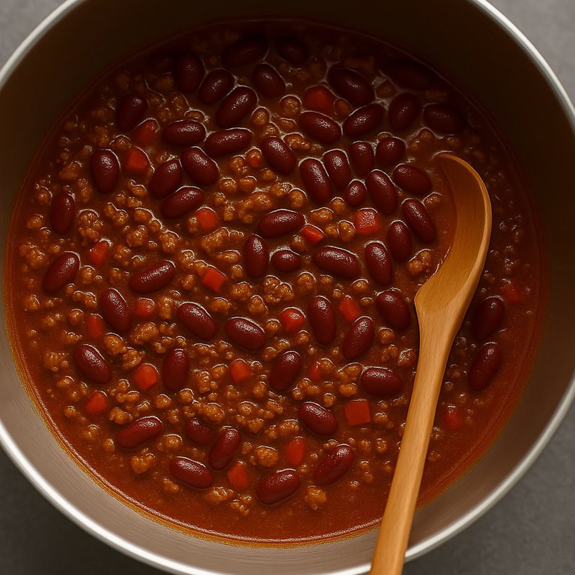 Fagioli rossi aggiunti al chili con carne denso e speziato in una pentola d’acciaio, durante la fase finale di cottura
