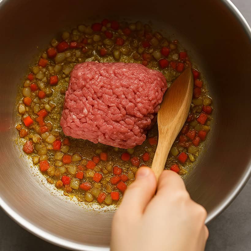 Carne macinata di manzo aggiunta al soffritto di cipolla, aglio e peperone in una pentola d’acciaio per preparare il chili con carne tex-mex