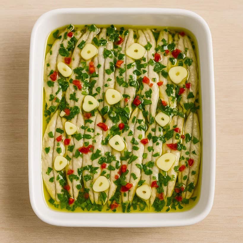 Alici marinate pronte al consumo condite in pirofila con olio e aromi