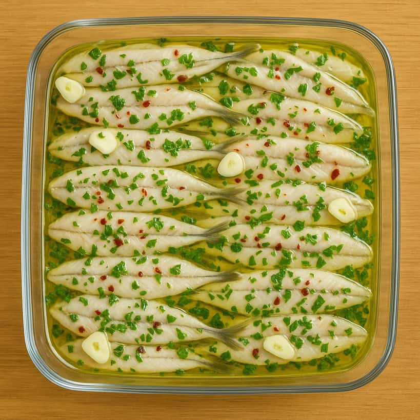 Filetti di alici marinate con condimento in pirofila di vetro su fondo in legno