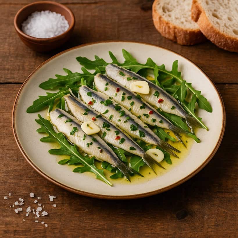Alici marinate con aglio, prezzemolo, rucola e olio extravergine in contesto rustico