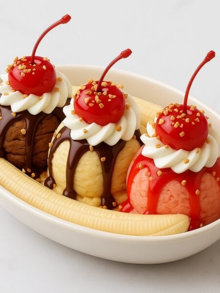 Banana split con gelato, panna, ciliegie e granella di nocciola