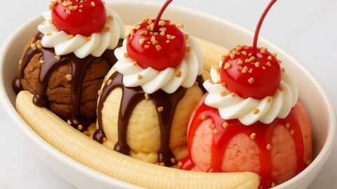 Banana split con gelato, panna, ciliegie e granella di nocciola
