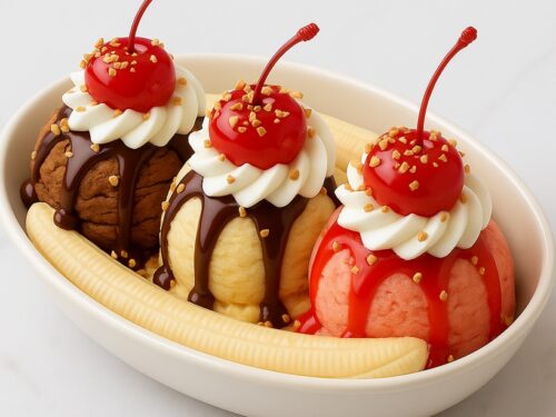 Banana split con gelato, panna, ciliegie e granella di nocciola
